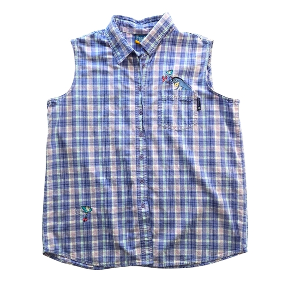 Disney's Winnie the Pooh Eeyore Sleeveless Plaid Cotton ButtonShirt, Women 14/16 - Picture 1 of 9
